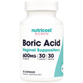 Nutricost Women Boric Acid 600mg vaginal suppository 30 capsules front view showing official feminine health packaging.