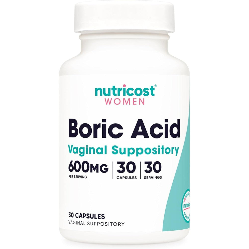Nutricost Women Boric Acid 600mg vaginal suppository 30 capsules front view showing official feminine health packaging.