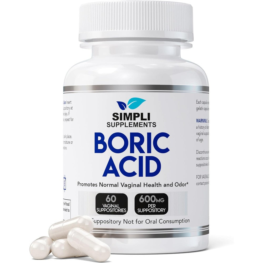 Simpli Supplements Boric Acid Suppositories 60 count bottle front view