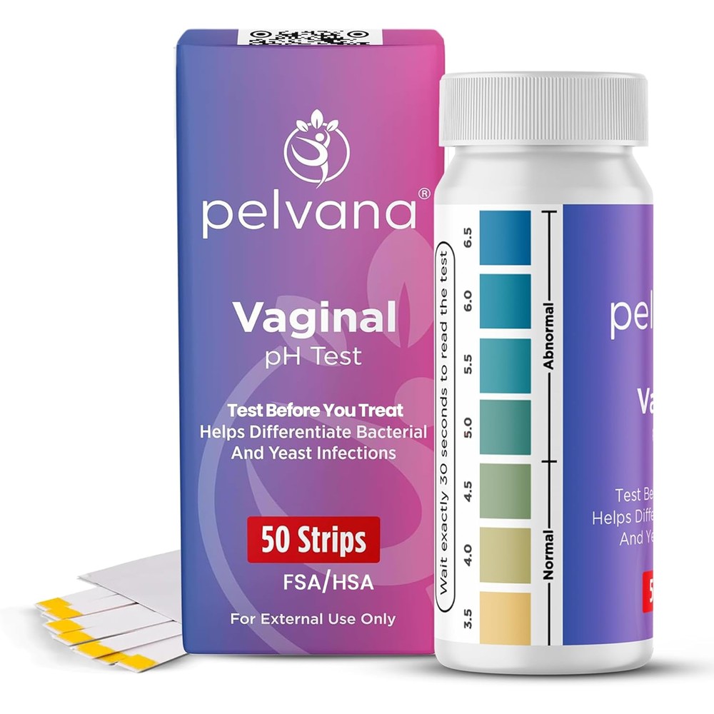 Pelvana Vaginal pH Test Strips 50 count bottle front view for feminine health monitoring.