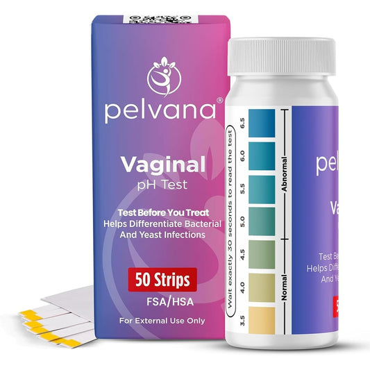 Pelvana Vaginal pH Test Strips 50 count bottle front view for feminine health monitoring.