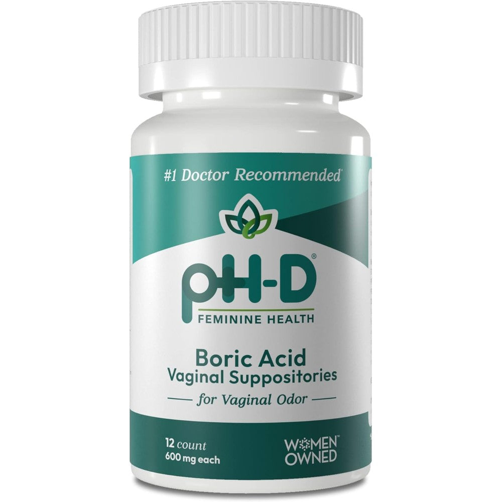 pH-D Feminine Health Boric Acid Suppositories front view 12 count bottle for odor control