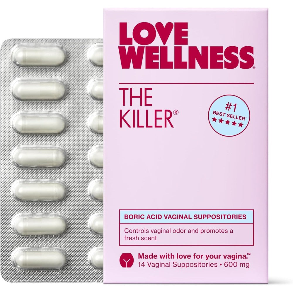 Love Wellness The Killer Boric Acid Vaginal Suppositories front packaging view for feminine health.