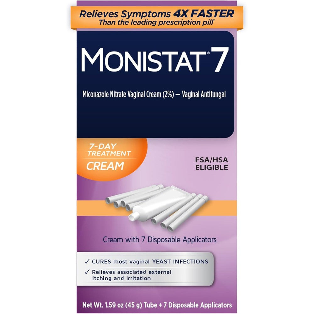 Monistat 7-Day Yeast Infection Treatment front packaging with miconazole nitrate cream