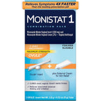 Monistat 1-Day Yeast Infection Treatment front packaging showing 1200mg Ovule and itch cream.