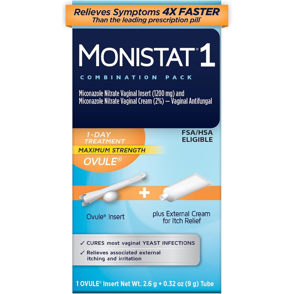 Monistat 1-Day Yeast Infection Treatment front packaging showing 1200mg Ovule and itch cream.