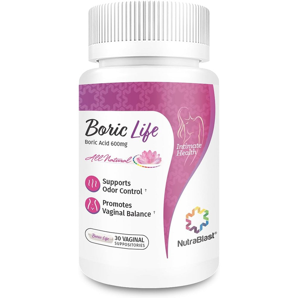 NutraBlast Boric Life Vaginal Suppositories front bottle view for intimate health.