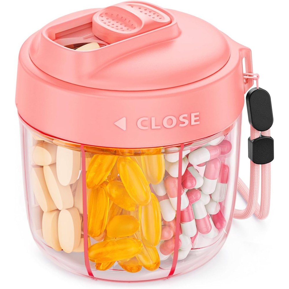 AUVON portable pill dispenser front view showing 7 large compartments for premium travel organization