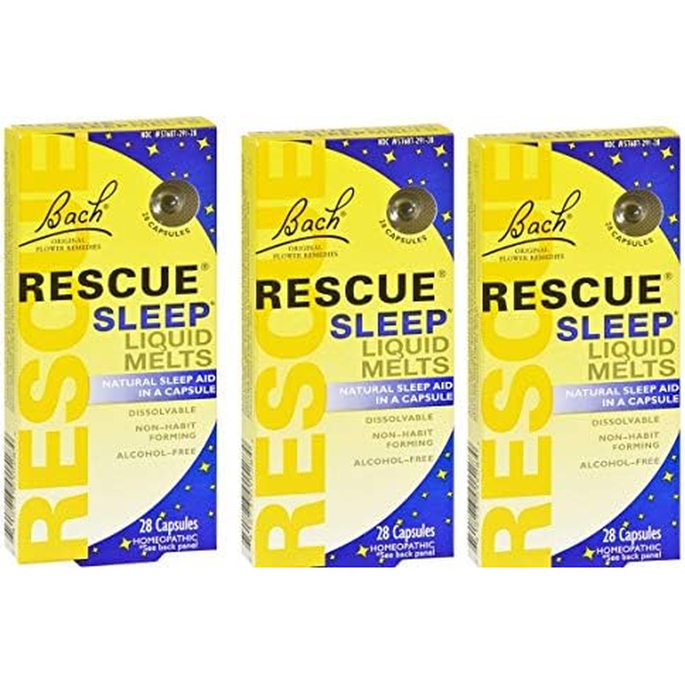 Rescue Bach Rescue Sleep Liquid Melts three pack front view of packaging showcasing natural homeopathic sleep aid capsules.