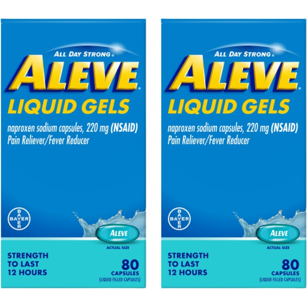 Aleve Naproxen Sodium 220 mg Liquid Gels twin pack box front view showing pain reliever capsules