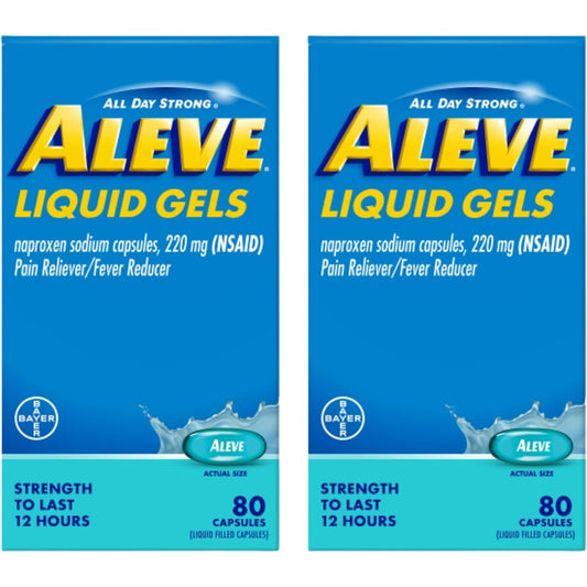Aleve Naproxen Sodium 220 mg Liquid Gels twin pack box front view showing pain reliever capsules