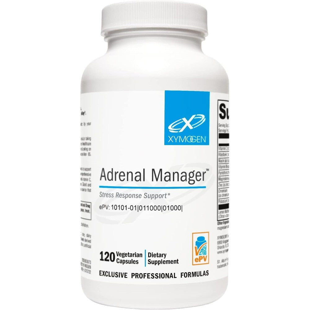 XYMOGEN Adrenal Manager 120 capsules front view bottle showing premium adrenal health supplement.