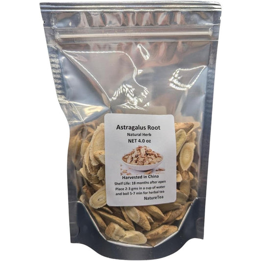 Nature Tea Astragalus Root Huang Qi Slices front view of the two ounce bag packaging for immune support.