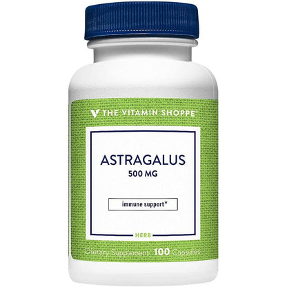 The Vitamin Shoppe Astragalus Root 500mg 100 Capsules front view bottle for natural immune support