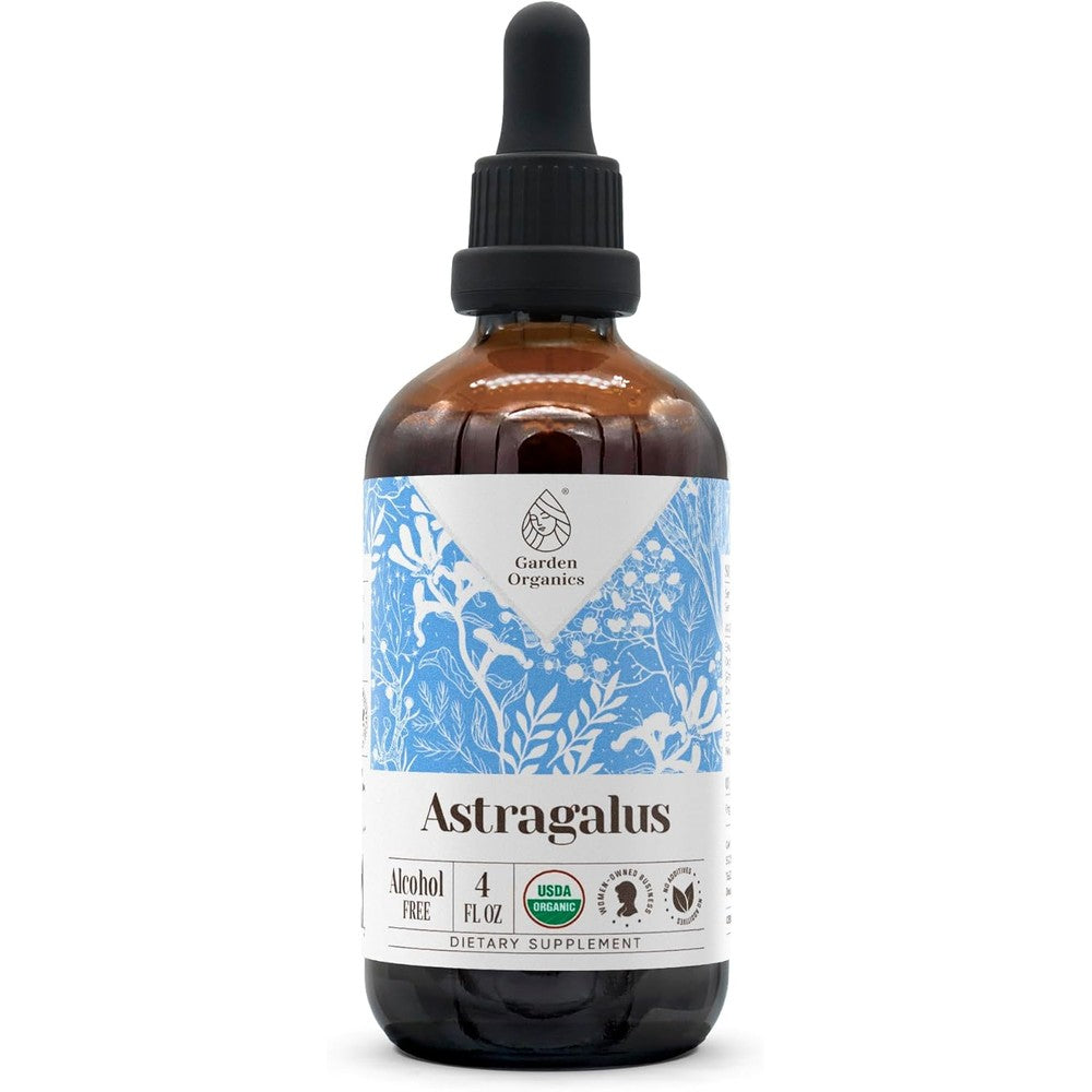 Garden Organics Astragalus Organic Alcohol Free Tincture 4 Ounce front view bottle showing premium herbal immune support drops.