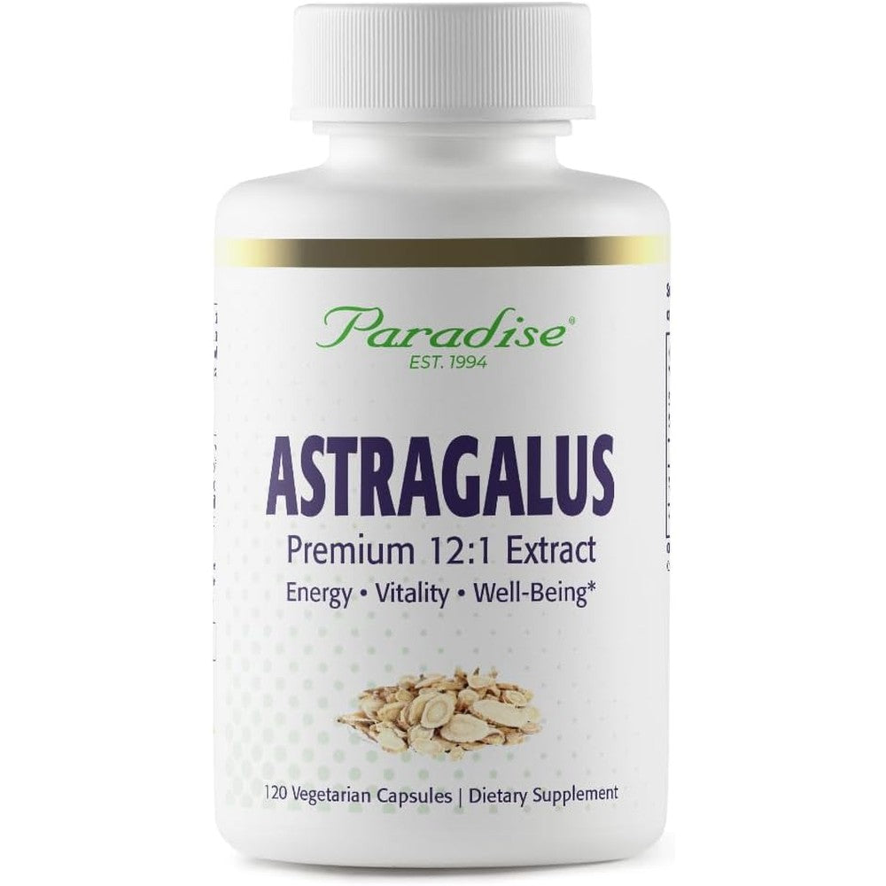 Paradise Herbs Astragalus 12:1 Extract 120 vegetarian capsules front bottle view for natural immune support.