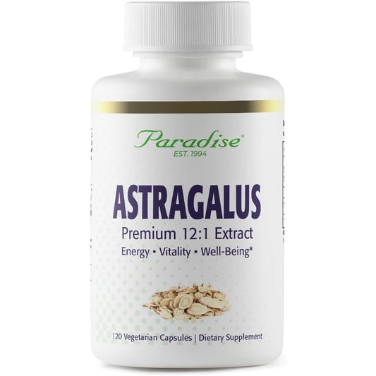 Paradise Herbs Astragalus 12:1 Extract 120 vegetarian capsules front bottle view for natural immune support.