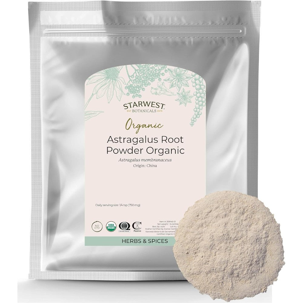 Starwest Botanicals Organic Astragalus Root Powder front packaging view showcasing organic herbal supplement details.