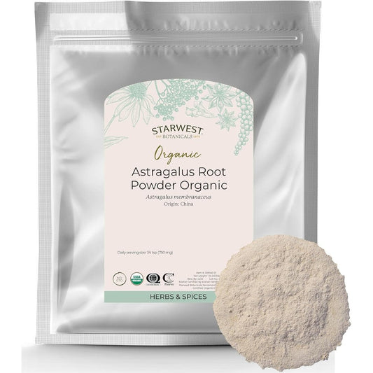 Starwest Botanicals Organic Astragalus Root Powder front packaging view showcasing organic herbal supplement details.