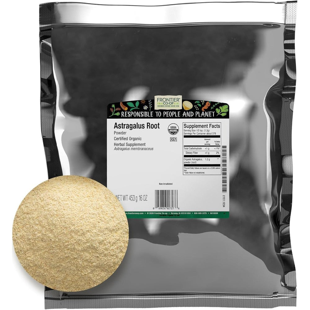 Frontier Co-op Organic Astragalus Root Powder front packaging view authentic bulk herbal supplement