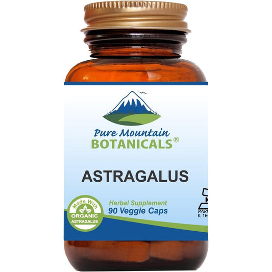 Pure Mountain Botanicals Organic Astragalus 470mg 90 Capsules front view for immune support.