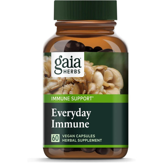 Gaia Herbs Everyday Mushrooms and Herbs front bottle view for daily immune support supplement