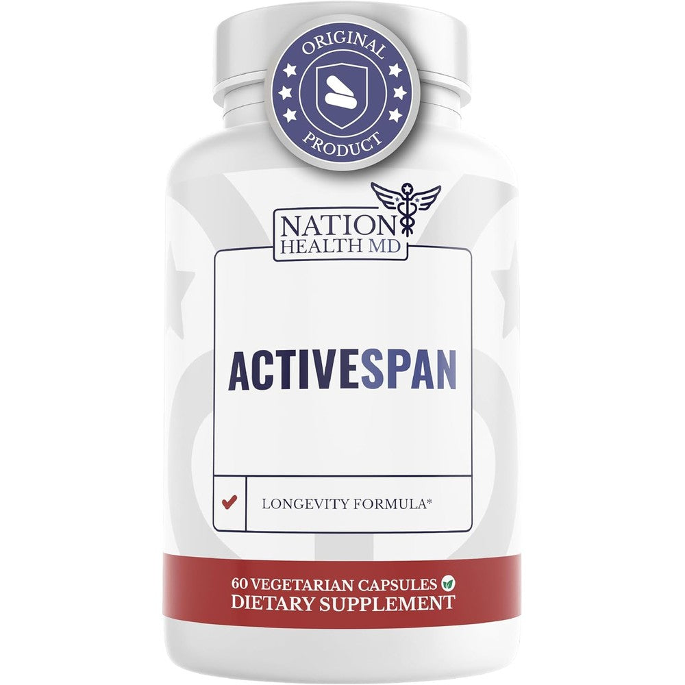 Nation Health MD ActiveSpan Longevity Anti Aging 60 Capsules bottle front view showing product name and ingredients