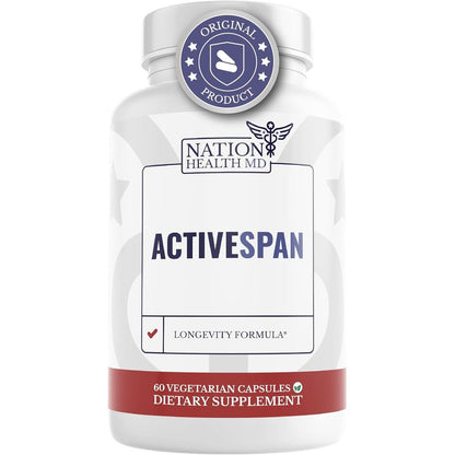 Nation Health MD ActiveSpan Longevity Anti Aging 60 Capsules bottle front view showing product name and ingredients