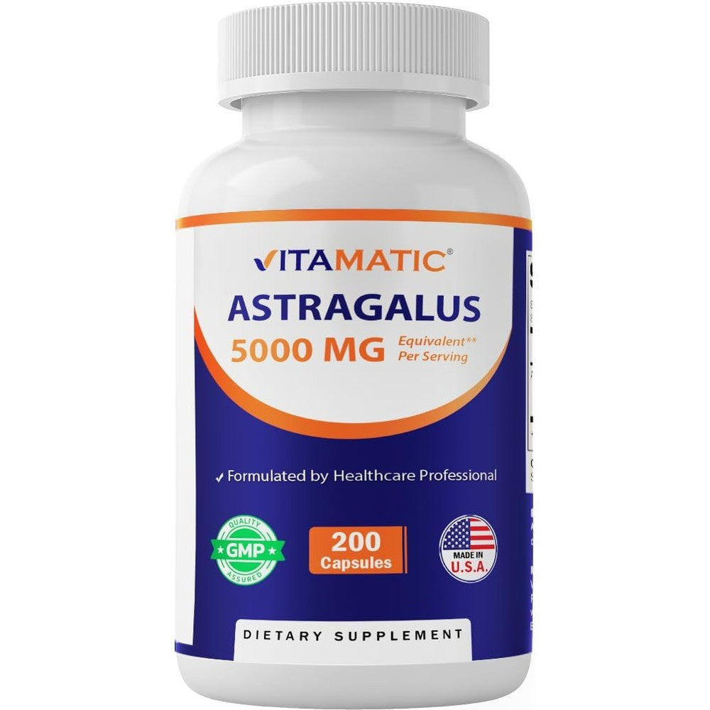 Vitamatic Astragalus Root Extract 500mg 200 Vegetarian Capsules front bottle view displaying immune support benefits.