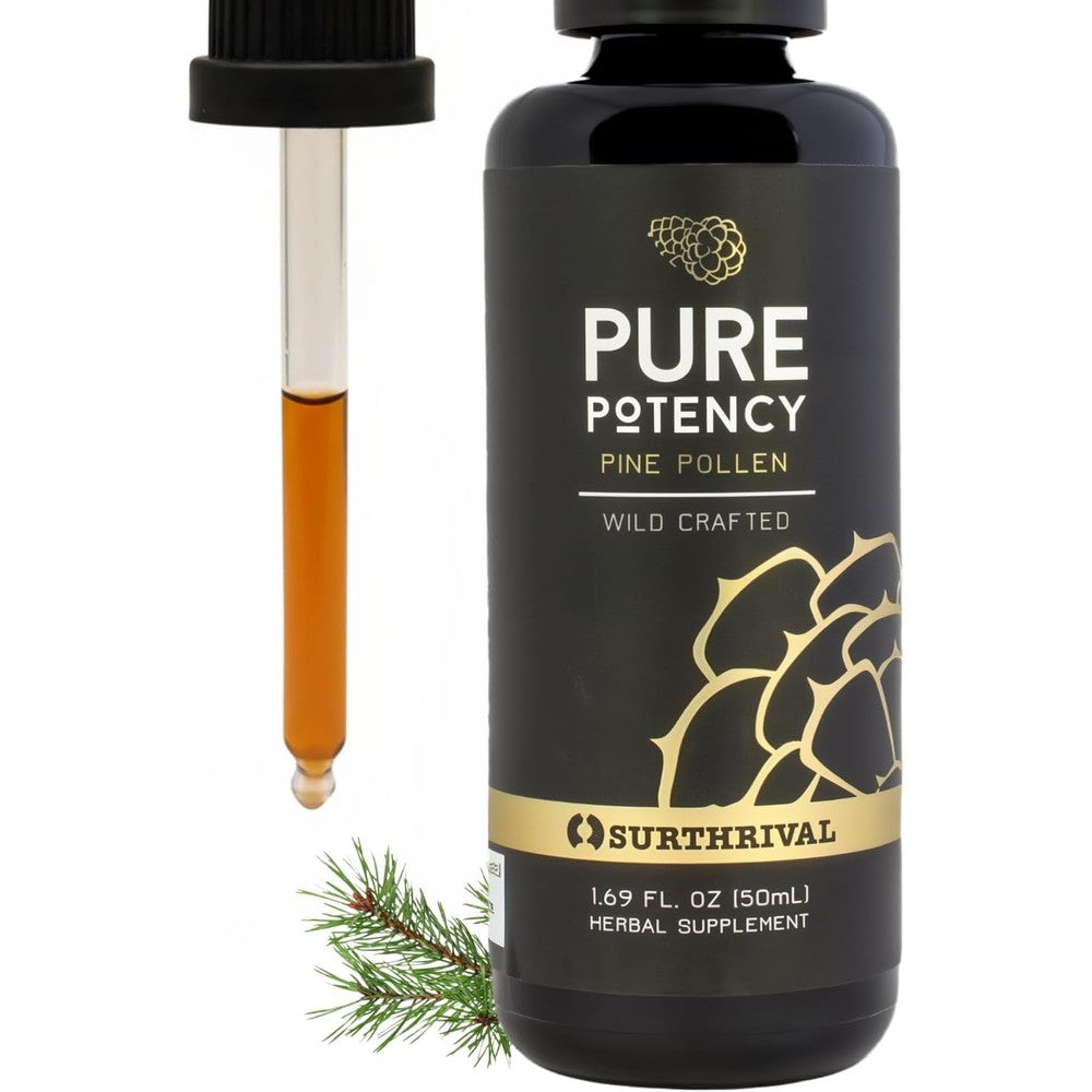 Surthrival Pine Pollen Pure Potency 50ml liquid extract bottle front view for natural hormone support.