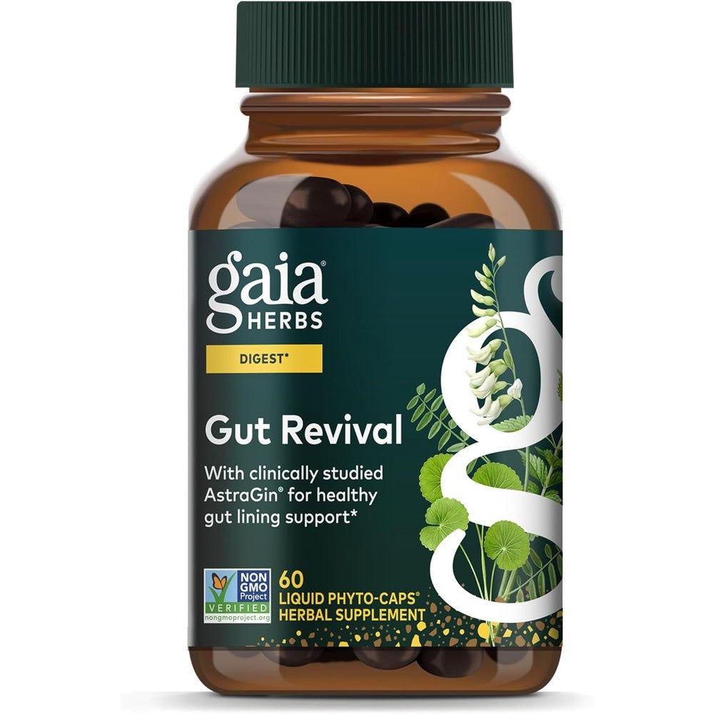 Gaia Herbs Gut Revival 60 capsules front view bottle for natural digestive lining support.