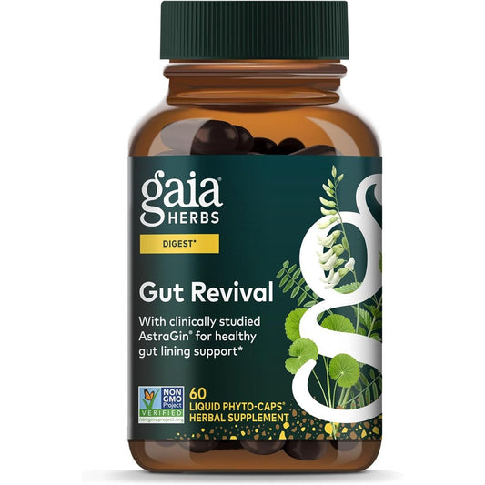 Gaia Herbs Gut Revival 60 capsules front view bottle for natural digestive lining support.