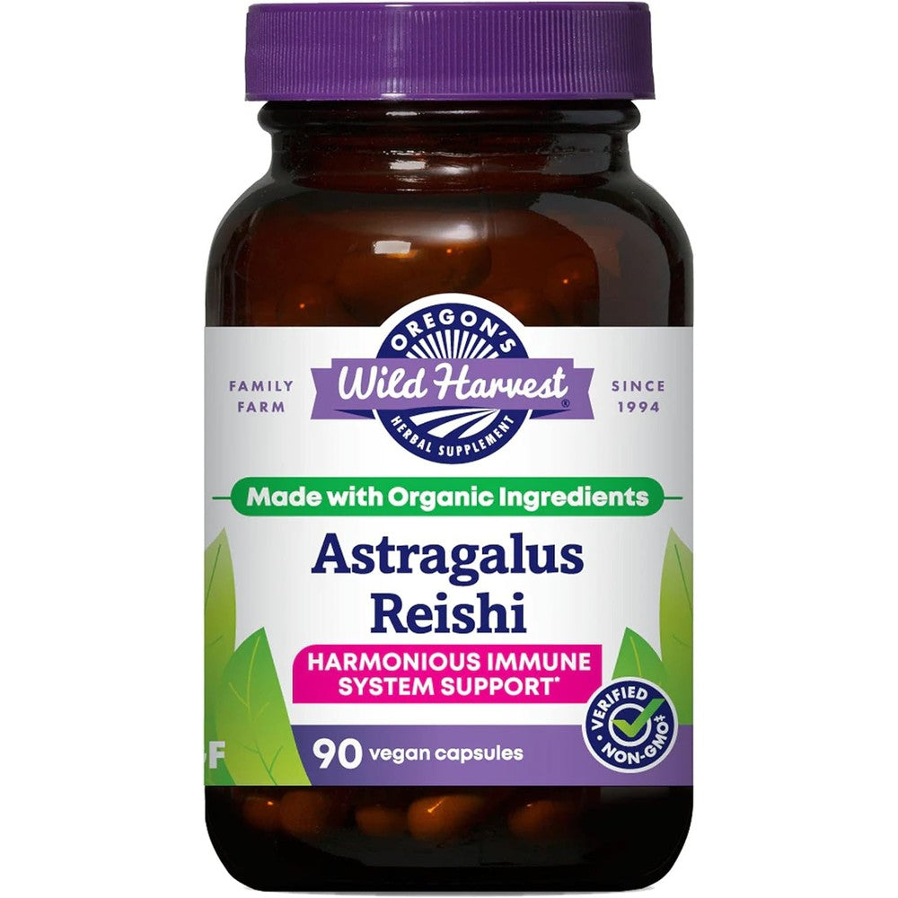 Oregon's Wild Harvest Astragalus Reishi ninety capsules amber glass bottle front view