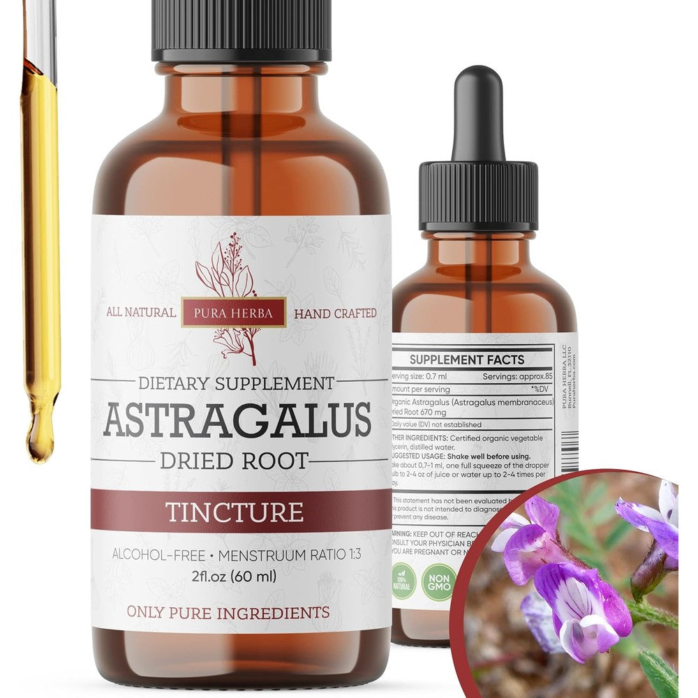 Pura Herba Organic Astragalus Tincture front view of two fluid ounce bottle for immune support