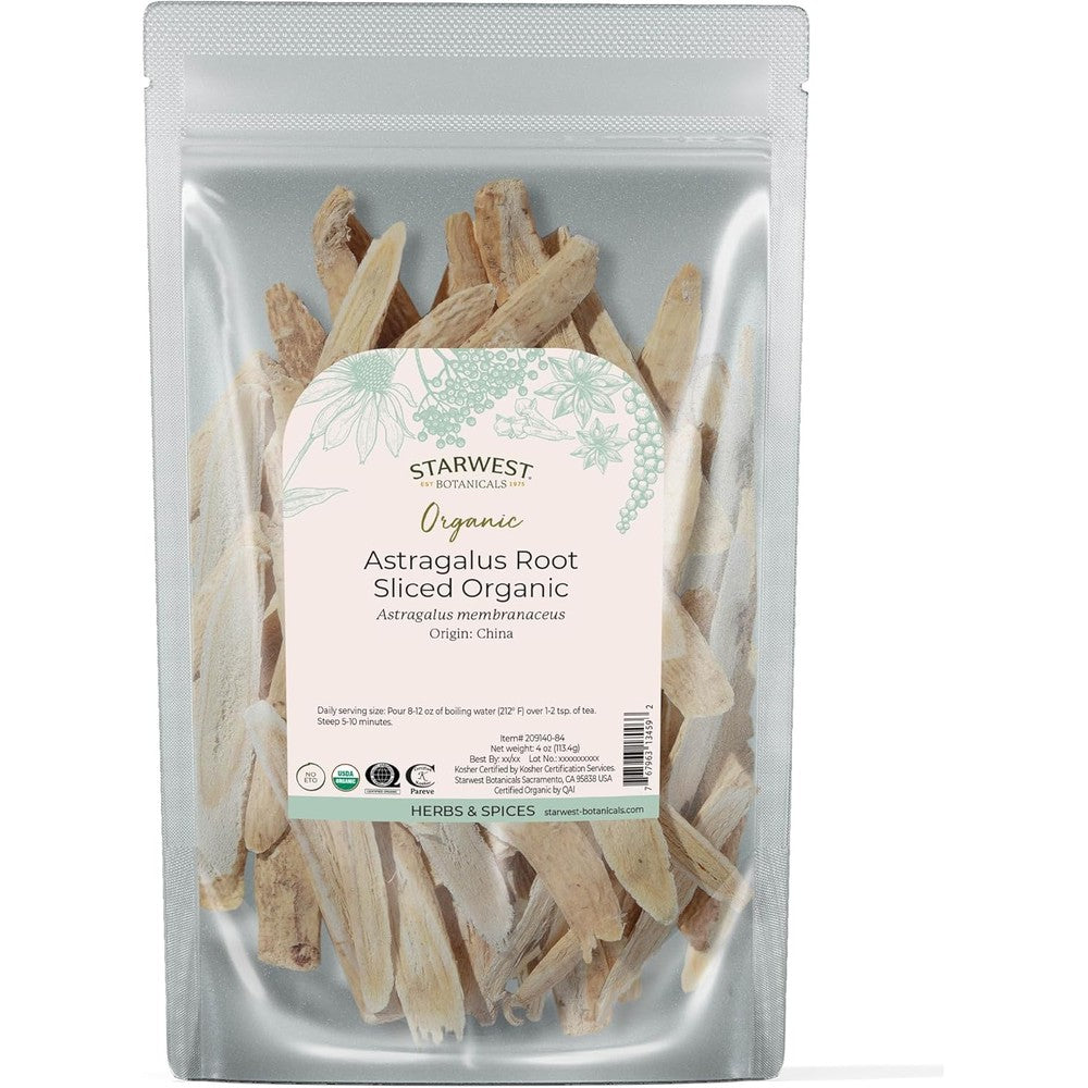Starwest Botanicals Organic Astragalus Root Sliced four ounce pouch front view displaying the official USDA Organic and Kosher certified logos.