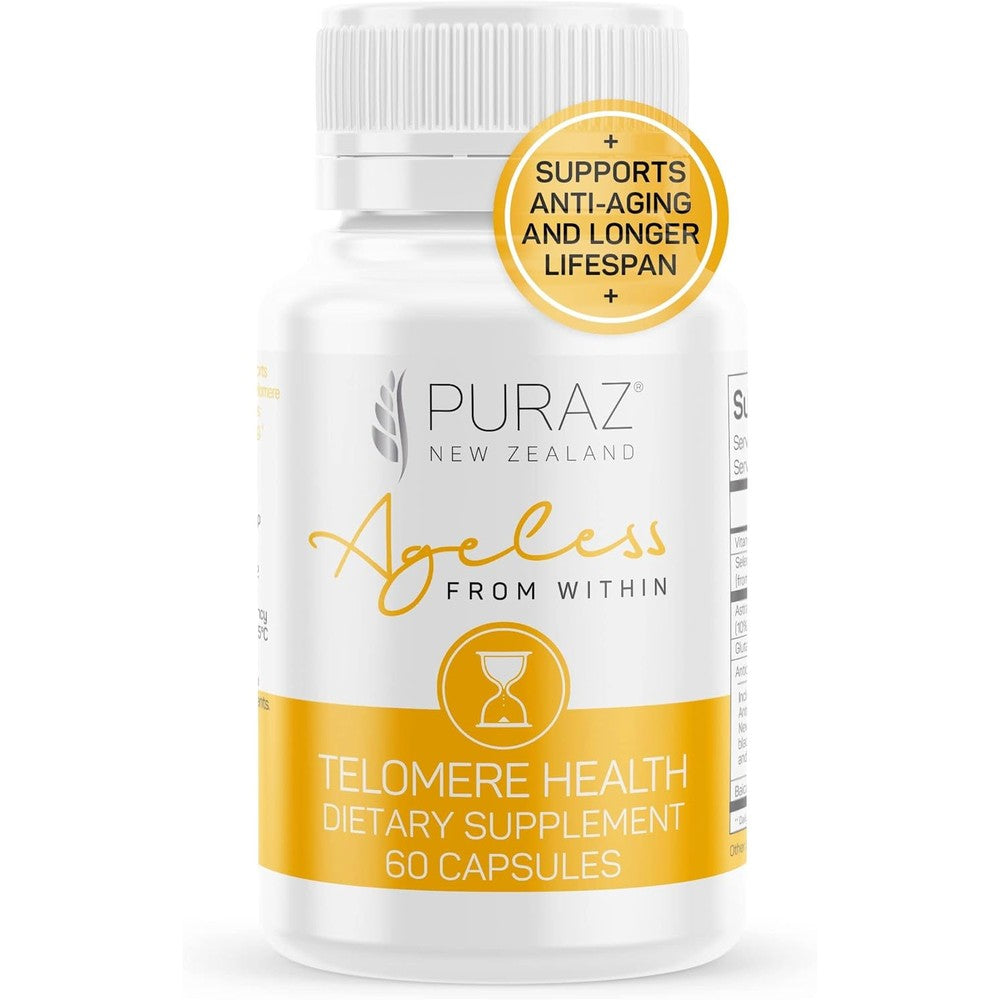 Puraz Telomere Health Astragalus Root Extract and Collagen 60 capsules front bottle view for cellular longevity.