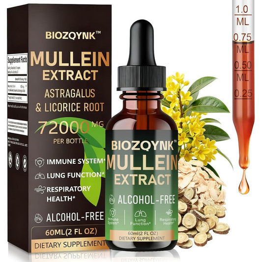 Biozqynk Mullein Drops bottle front view showing respiratory support formula.