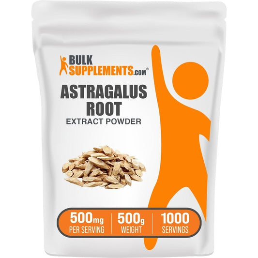 BulkSupplements Astragalus Extract Root Powder 500g front view of the packaging showcasing immune support benefits.