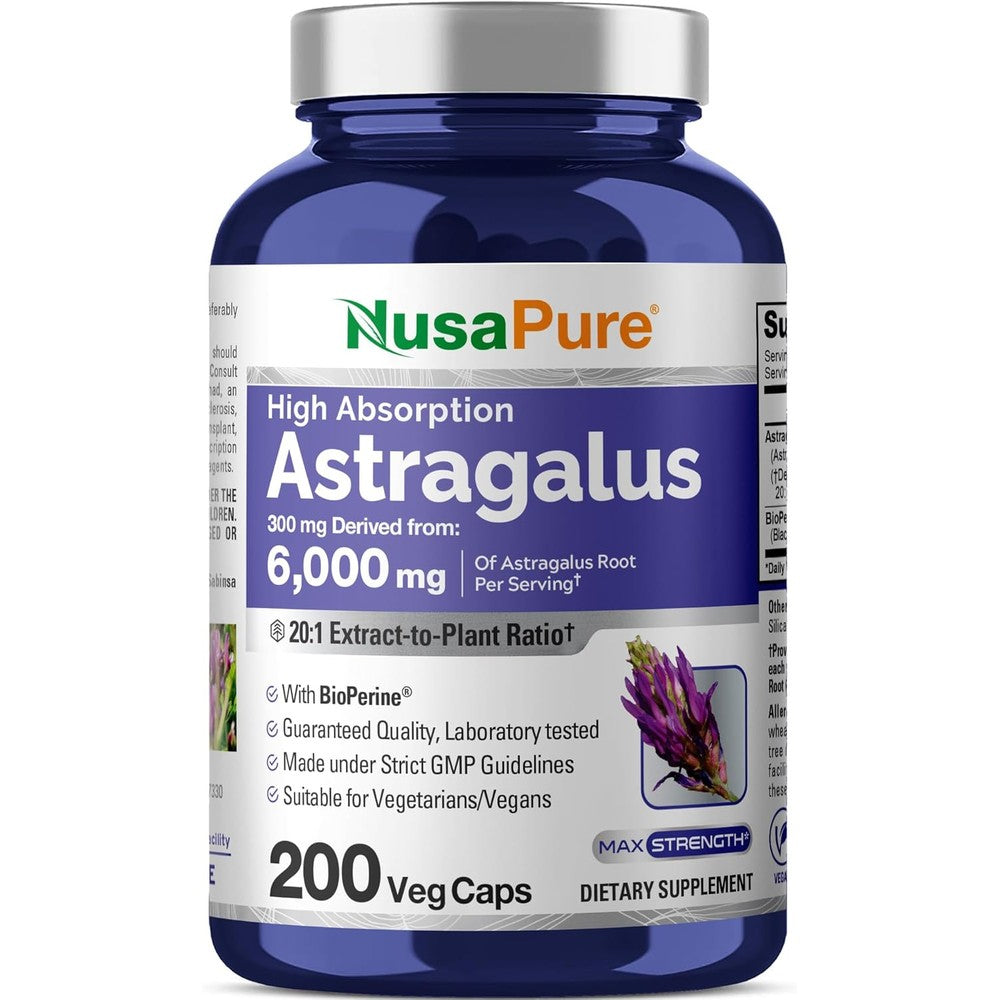 NusaPure Astragalus 20:1 Extract 200 capsules front view bottle for immune support