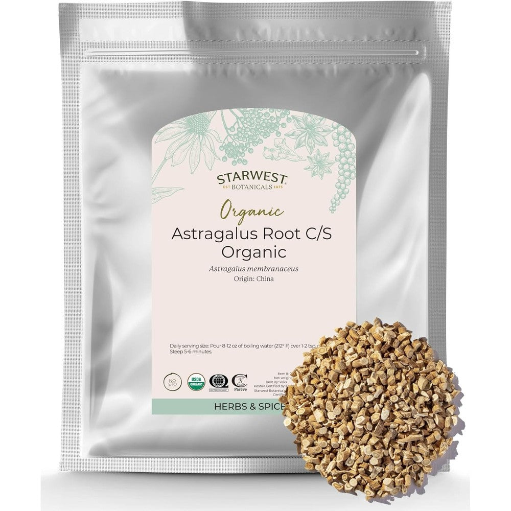 Starwest Botanicals Organic Astragalus Root Cut and Sifted sixteen ounce bag front view showcasing USDA organic certification seal.