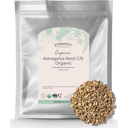 Starwest Botanicals Organic Astragalus Root Cut and Sifted sixteen ounce bag front view showcasing USDA organic certification seal.