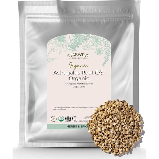 Starwest Botanicals Organic Astragalus Root Cut and Sifted sixteen ounce bag front view showcasing USDA organic certification seal.