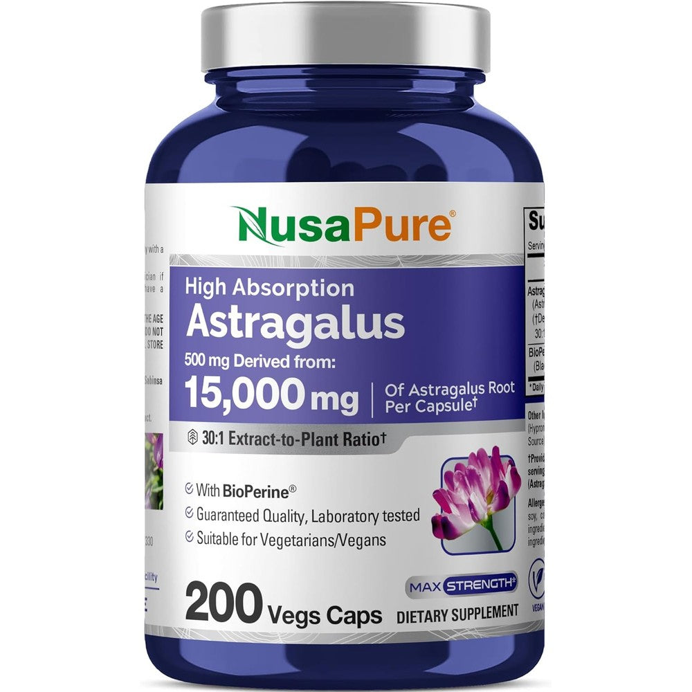 NusaPure Astragalus Root 500mg 200 vegetarian capsules bottle front view showing product labels