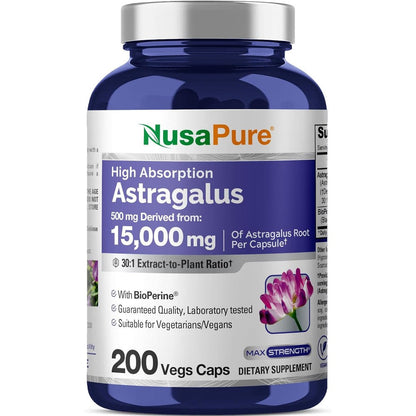 NusaPure Astragalus Root 500mg 200 vegetarian capsules bottle front view showing product labels