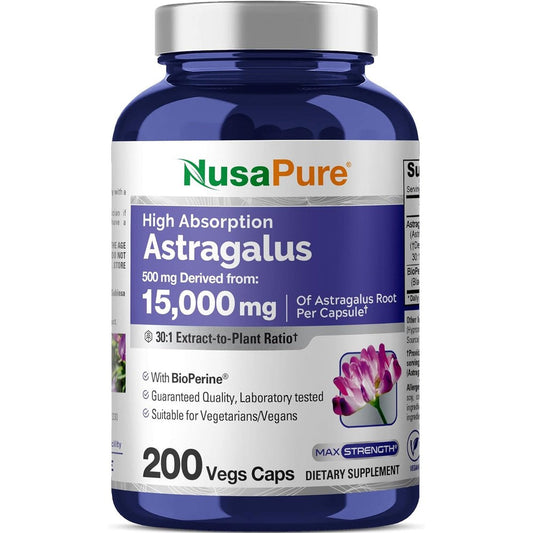NusaPure Astragalus Root 500mg 200 vegetarian capsules bottle front view showing product labels