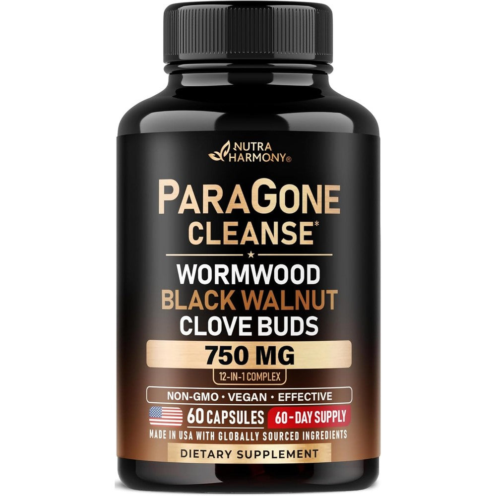 NutraHarmony ParaGone Cleanse Complex 60 capsules front view showing digestive support supplement bottle.