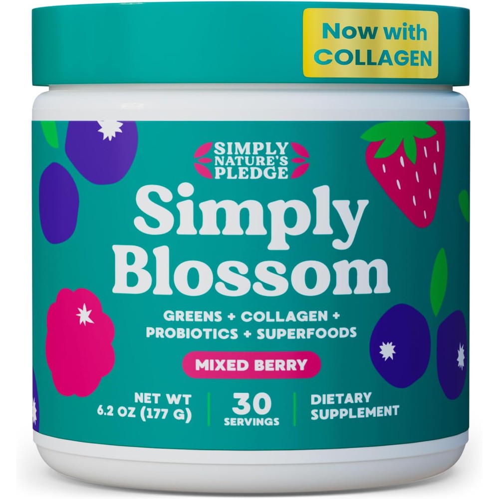 Simply Natures Promise Blossom Greens mixed berry powder front view jar
