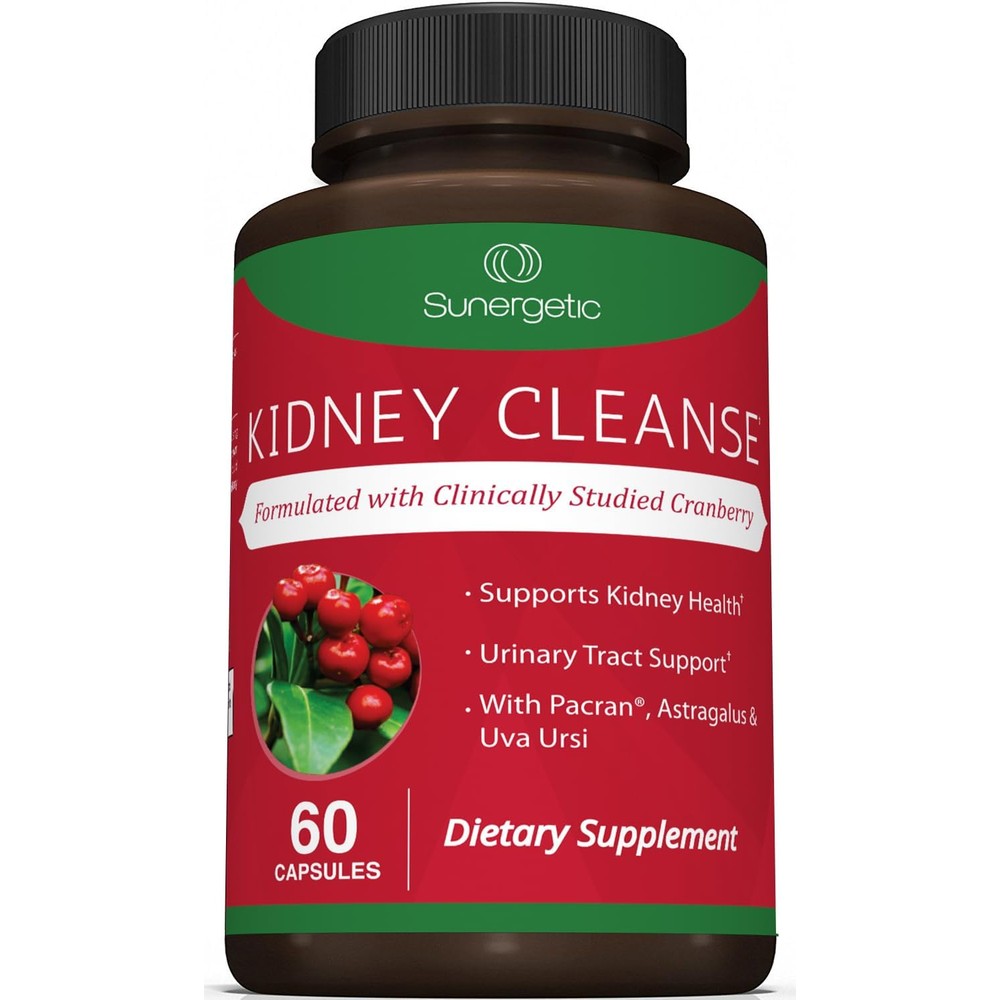 Sunergetic Premium Kidney Cleanse Supplement front view bottle of sixty vegetarian capsules for urinary health support