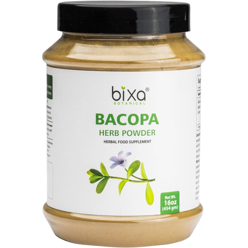 Bixa Botanical Bacopa Monnieri Brahmi Powder front jar view for cognitive wellness