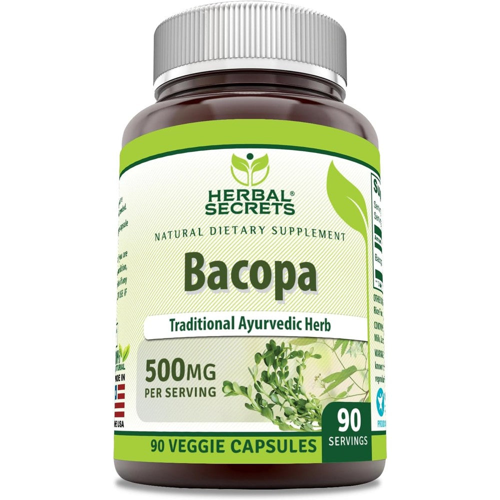 Herbal Secrets Bacopa Powder 500 Milligrams front view bottle packaging for cognitive support